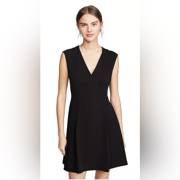 NWOT! Theory Pleated Cap Sleeve‎ Black Classic Crepe A-line Dress V-neck Size 4 - Picture 8 of 9